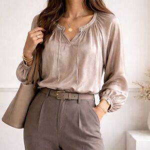 Lucky Brand Peasant Blouse Taupe Beige Long Sleeve Boho Top Size M